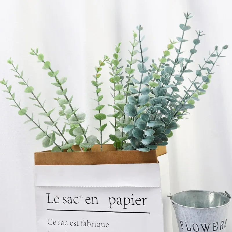 12/10PCS Eucalyptus Leaves Bunch Branch Artificial Plastic Plants Leaves Green Stems Wedding Faux Fake Flowers Cake DIY Decor