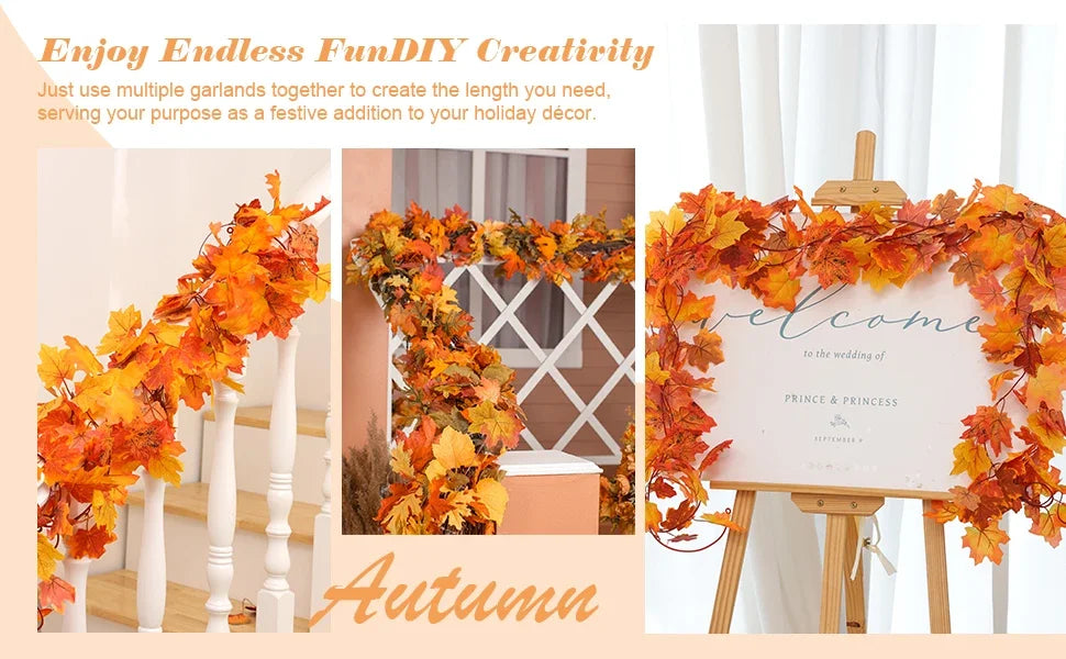 200cm Artificial Fall Maple Leaf Garland Autumn Leaves Fake Plant Garland for Festival Wedding Halloween Thanksgiving Room Decor