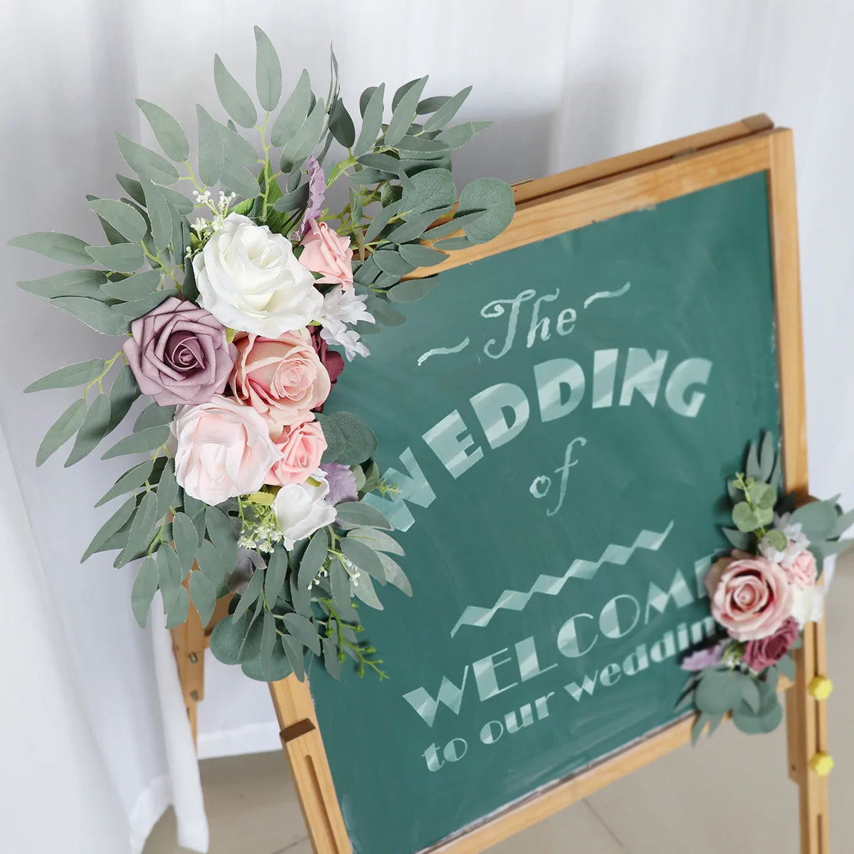 Yannew Artificial Wedding Arch Flowers Kit Boho Dusty Rose Blue Eucalyptus Garland Drapes for Wedding Decorations Welcome Sign