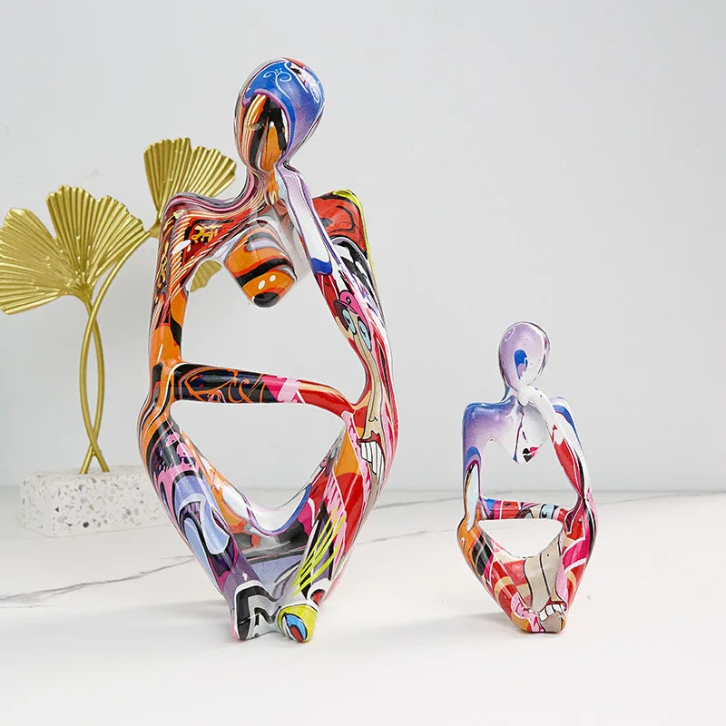 Resin Thinker Statue Colorful Art Abstract Sculpture, Modern Home Decor Accents Large Graffiti Collectible Figurines