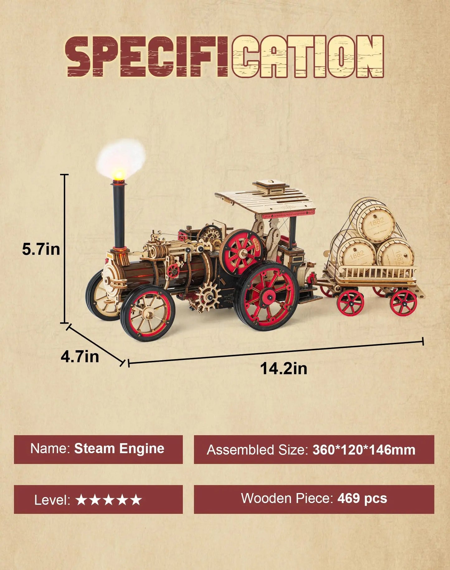 Robotime Rokr Car Model Building Kit 3D Wooden Puzzle Steam Kit 1:28 Mechanical Steam Locomotive Awesome Gifts for Adults Teens