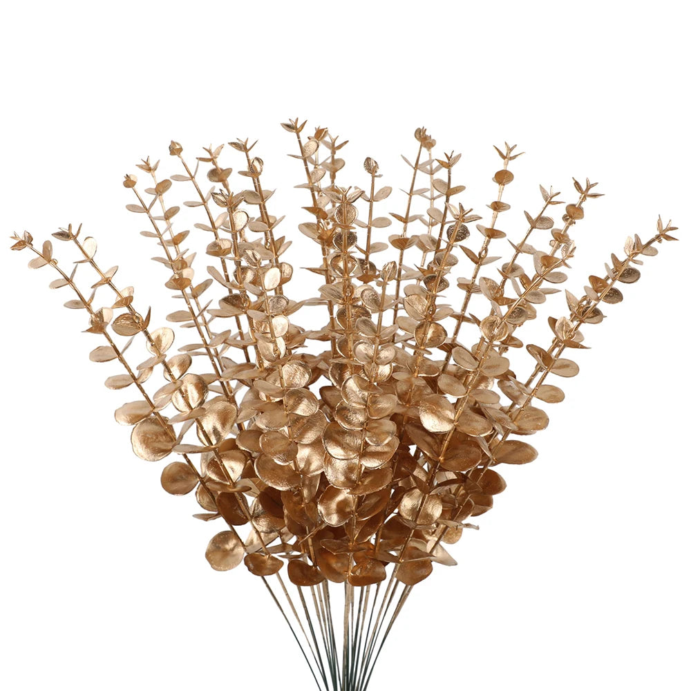 5pcs/Lot Artificial Gold Eucalyptus Branch Stem Artificial Plants for Home Wedding Flower Arrangement Greenery Decoration