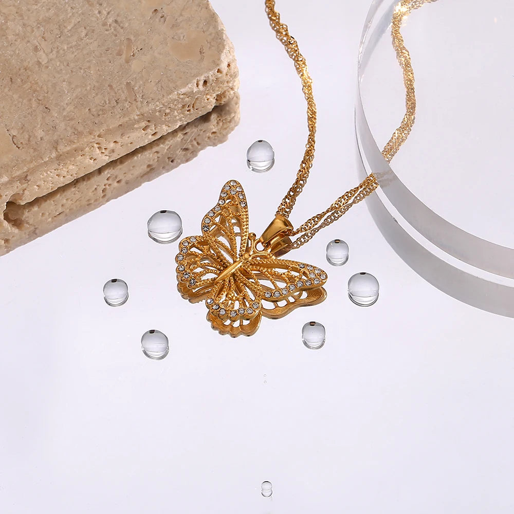 E.B.belle Jewelry Stainless Steel 18K Gold Plated 3A Zircon Stone Luxury Butterfly Pendant Necklace Crystal Butterfly Necklace