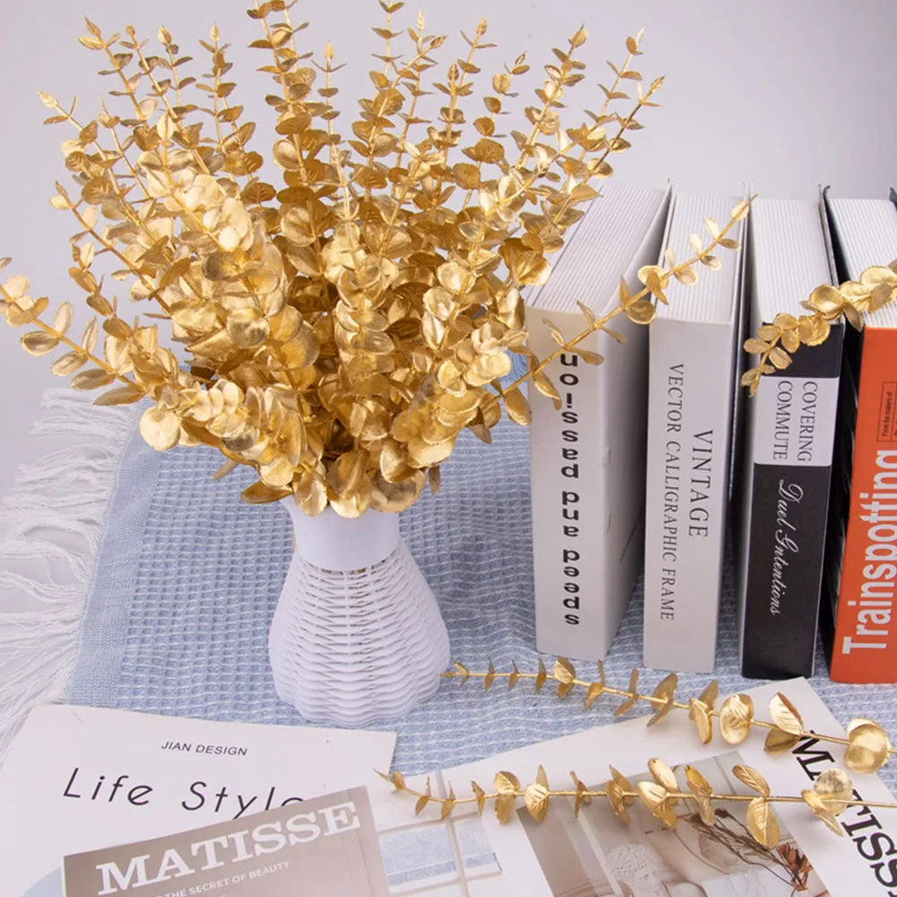 5pcs/Lot Artificial Gold Eucalyptus Branch Stem Artificial Plants for Home Wedding Flower Arrangement Greenery Decoration