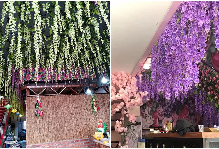 12pcs Wisteria Artificial Flowers Vine Wreath Wedding Arch Decoration Leaf Rattan Trailing Silk Flower Ivy Wall Decor Plants