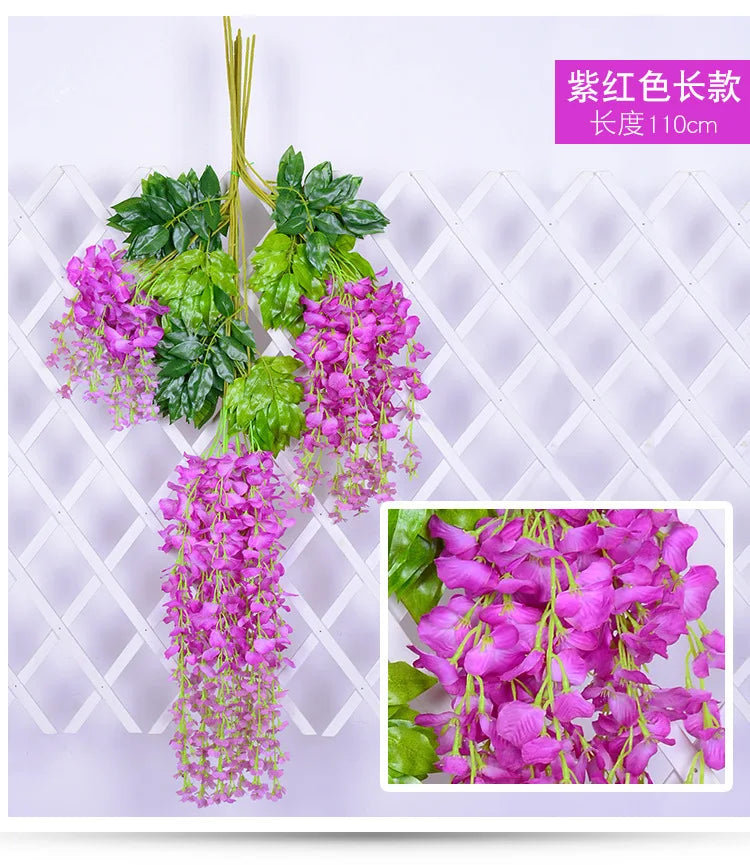 12pcs Wisteria Artificial Flowers Vine Wreath Wedding Arch Decoration Leaf Rattan Trailing Silk Flower Ivy Wall Decor Plants