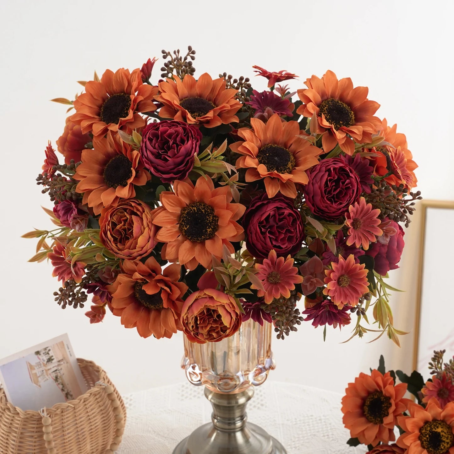 1/4pcs Sunflowers peony Artificial Flowers Fall Summer Decor, Fake Fall Flowers Silk Faux Sunflower Bouquet Arrangement for Vas