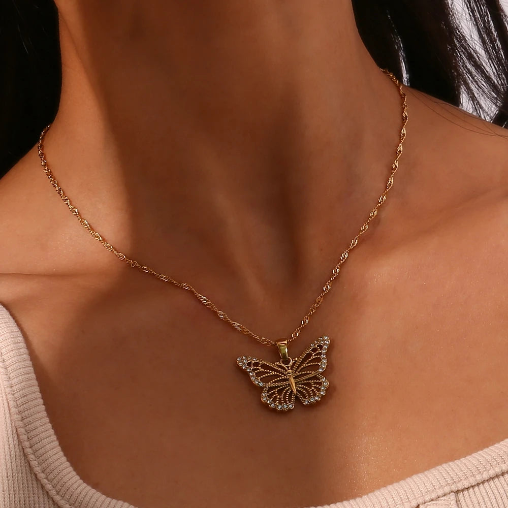 E.B.belle Jewelry Stainless Steel 18K Gold Plated 3A Zircon Stone Luxury Butterfly Pendant Necklace Crystal Butterfly Necklace