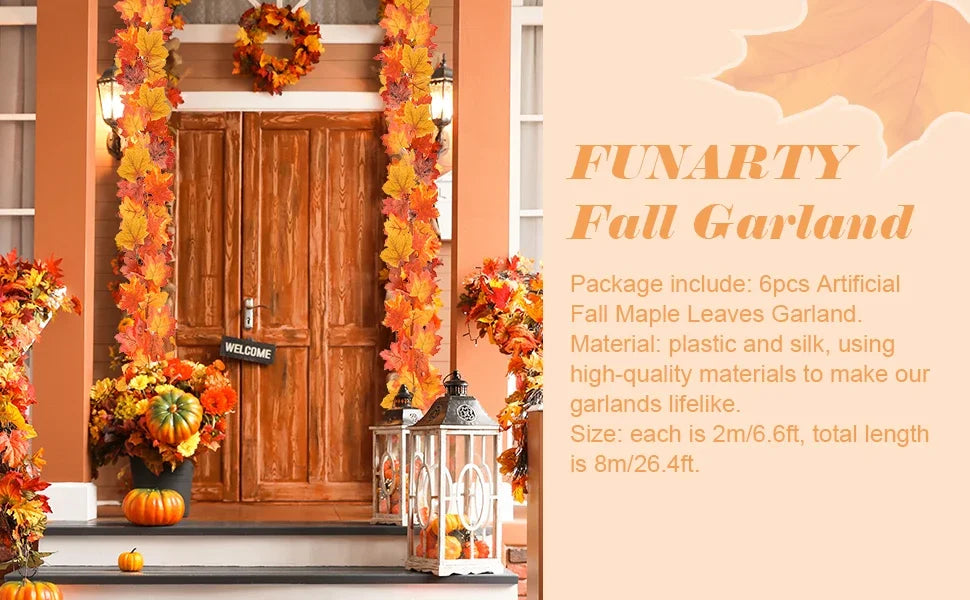 200cm Artificial Fall Maple Leaf Garland Autumn Leaves Fake Plant Garland for Festival Wedding Halloween Thanksgiving Room Decor