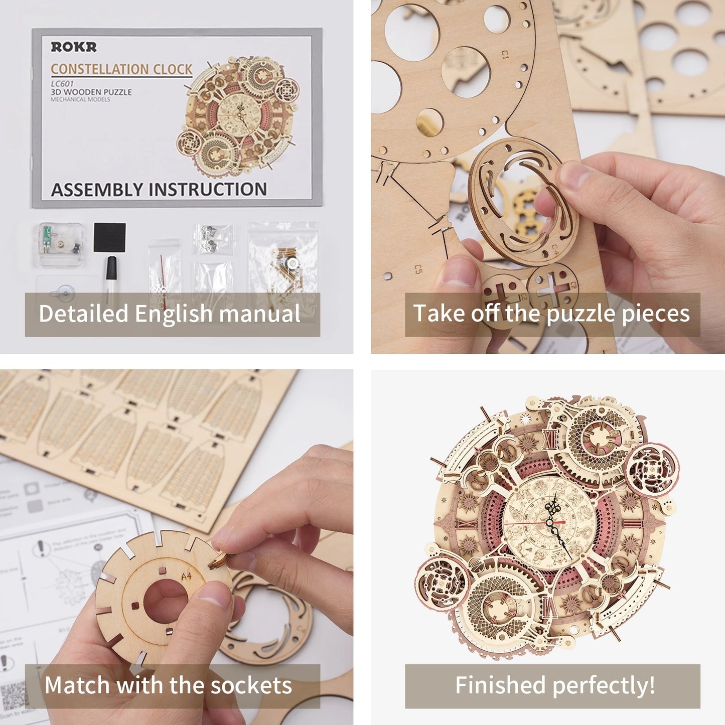 Robotime ROKR Zodiac Wall Clock 3D Wooden Puzzle Model Assembly Toys Gifts for Children Kids Teens