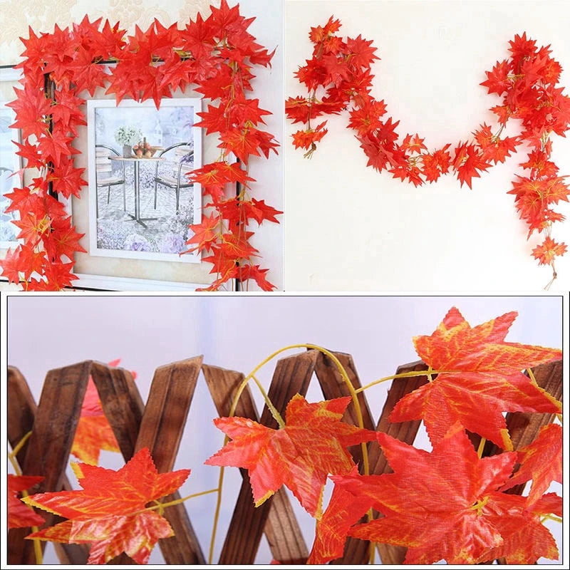 2.4M Artificial Vine Red Autumn Maple Leaf Fake Garland Plants Foliage String Christmas Garden For Wedding Party Home Decoration