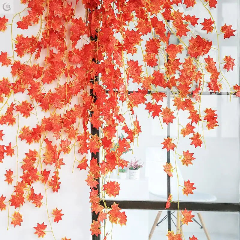 2.4M Artificial Vine Red Autumn Maple Leaf Fake Garland Plants Foliage String Christmas Garden For Wedding Party Home Decoration