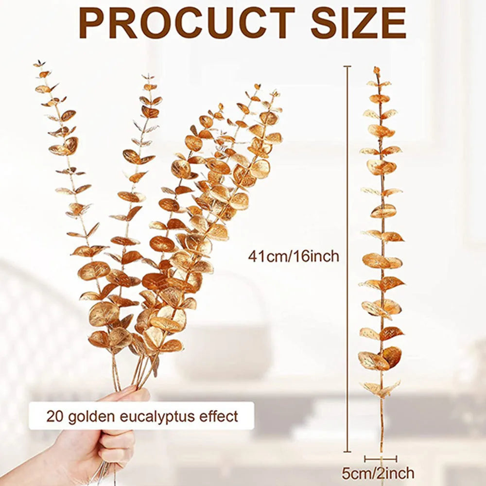 5pcs/Lot Artificial Gold Eucalyptus Branch Stem Artificial Plants for Home Wedding Flower Arrangement Greenery Decoration