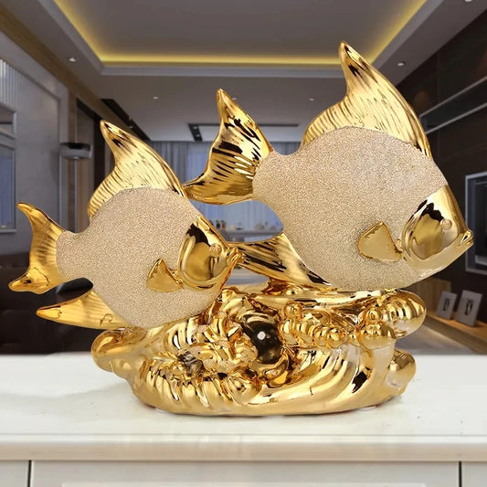 Wedding Decor Crafts Ceramic Creative Room Decoration Handicraft Gold Couple Fish Porcelain Figurines Decorations W5166