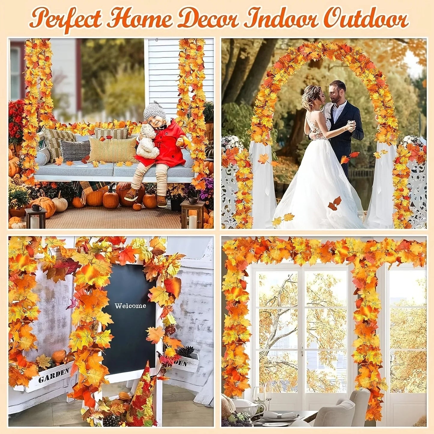 200cm Artificial Fall Maple Leaf Garland Autumn Leaves Fake Plant Garland for Festival Wedding Halloween Thanksgiving Room Decor
