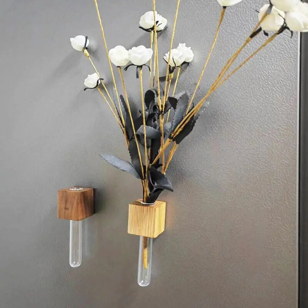 Wooden Test Tube Vase DIY Flower Arrangement Magnetic Simulation Flower Vase Refrigerator Sticker Home Kitchen Decoration
