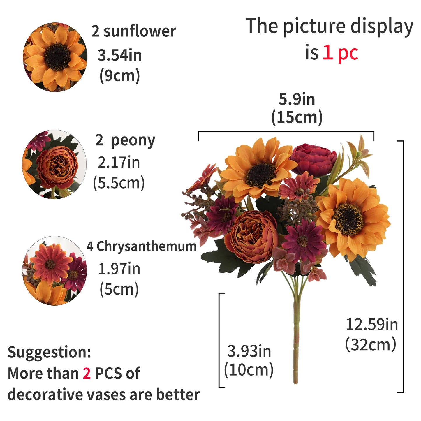 1/4pcs Sunflowers peony Artificial Flowers  Fall Summer Decor, Fake Fall Flowers Silk Faux Sunflower Bouquet Arrangement for Vas