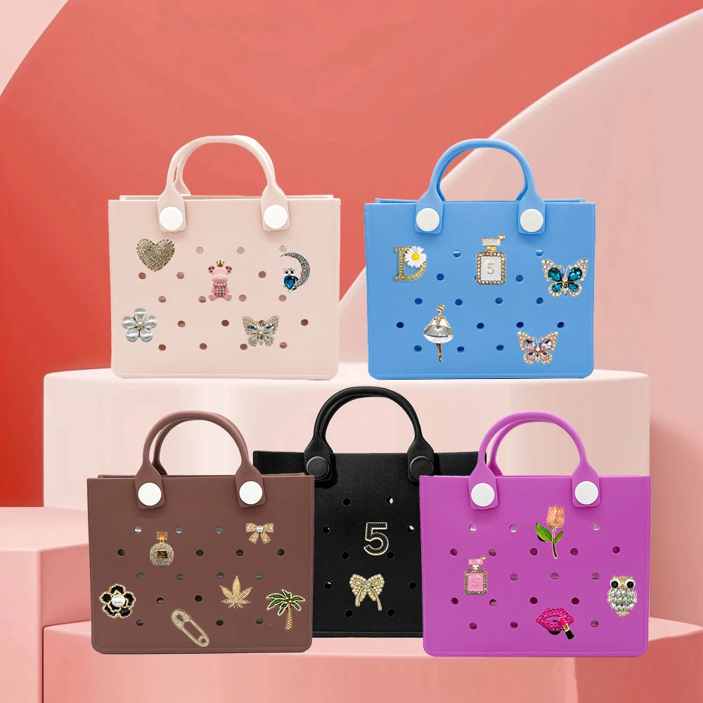 New EVA Leather Large Tote Bag for Women Fashion Solid Color Zipper Female Shoulder Bag Ladies Beach Bag Waterproof Fit Charms