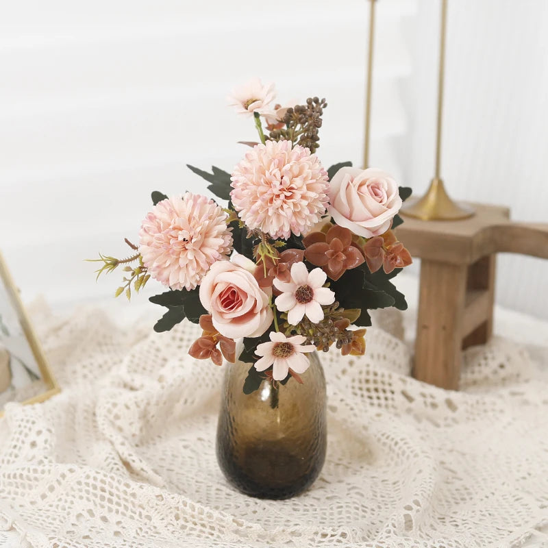 Rose Artificial Dandelion Flowers Bridal Bouquet Fake Floral Garden Wedding Party Living Room Home Table Autumn Christmas Decor