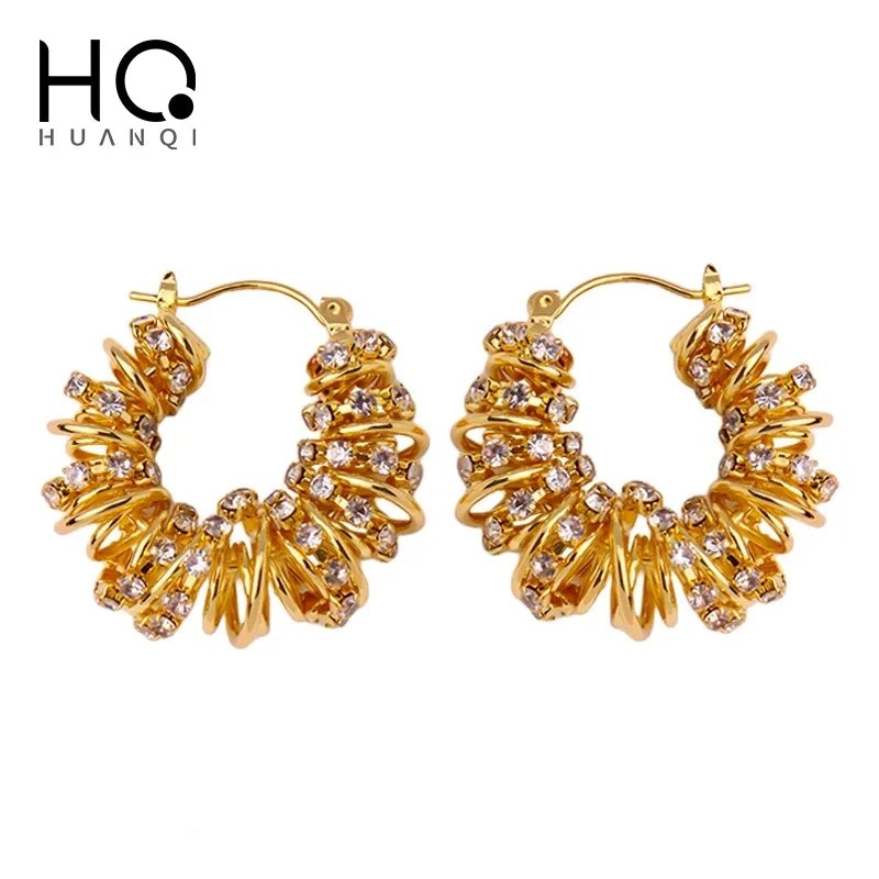 HUANQI Fashion Multi-layer Twist Rhinestone Metal Ear Buckle for Women Gold Color Personality Charm Earring Jewelry
