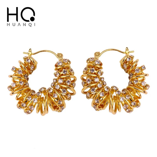 HUANQI Fashion Multi-layer Twist Rhinestone Metal Ear Buckle for Women Gold Color Personality Charm Earring Jewelry