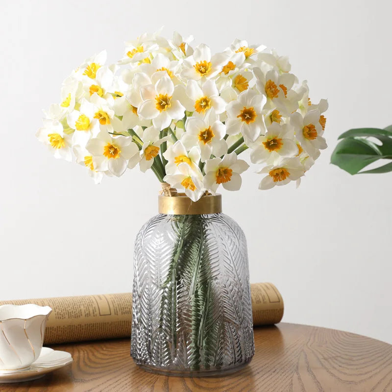 6Pcs/bunch White Artificial Narcissus Flower Bouquet Home Garden Desktop Decoration Floral Party Wedding Bridal Fake Flowers