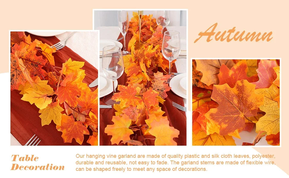 200cm Artificial Fall Maple Leaf Garland Autumn Leaves Fake Plant Garland for Festival Wedding Halloween Thanksgiving Room Decor