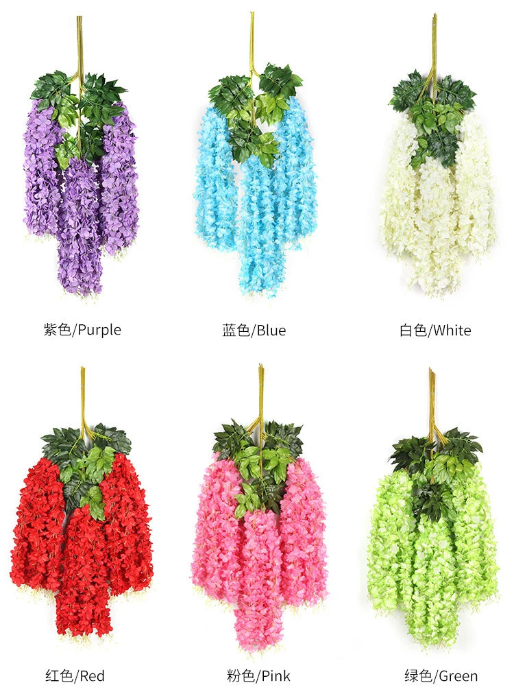 12pcs Wisteria Artificial Flowers Vine Wreath Wedding Arch Decoration Leaf Rattan Trailing Silk Flower Ivy Wall Decor Plants
