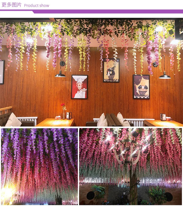 12pcs Wisteria Artificial Flowers Vine Wreath Wedding Arch Decoration Leaf Rattan Trailing Silk Flower Ivy Wall Decor Plants
