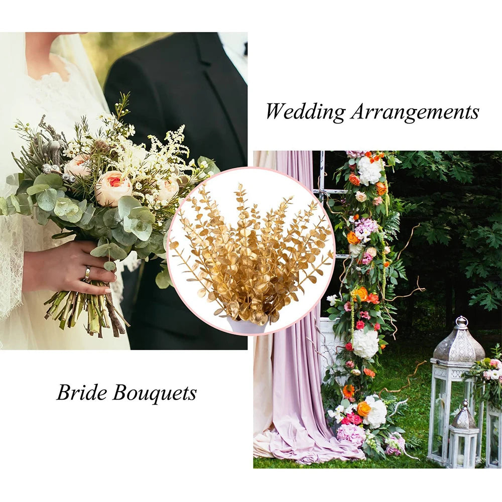 5pcs/Lot Artificial Gold Eucalyptus Branch Stem Artificial Plants for Home Wedding Flower Arrangement Greenery Decoration