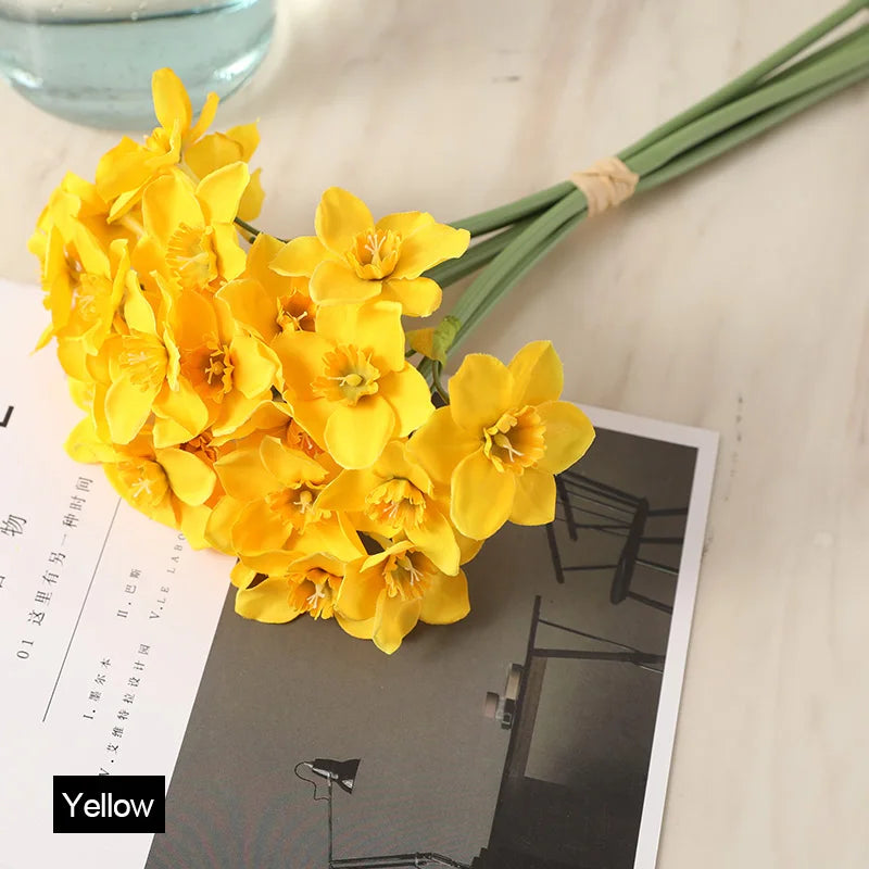 6Pcs/bunch White Artificial Narcissus Flower Bouquet Home Garden Desktop Decoration Floral Party Wedding Bridal Fake Flowers