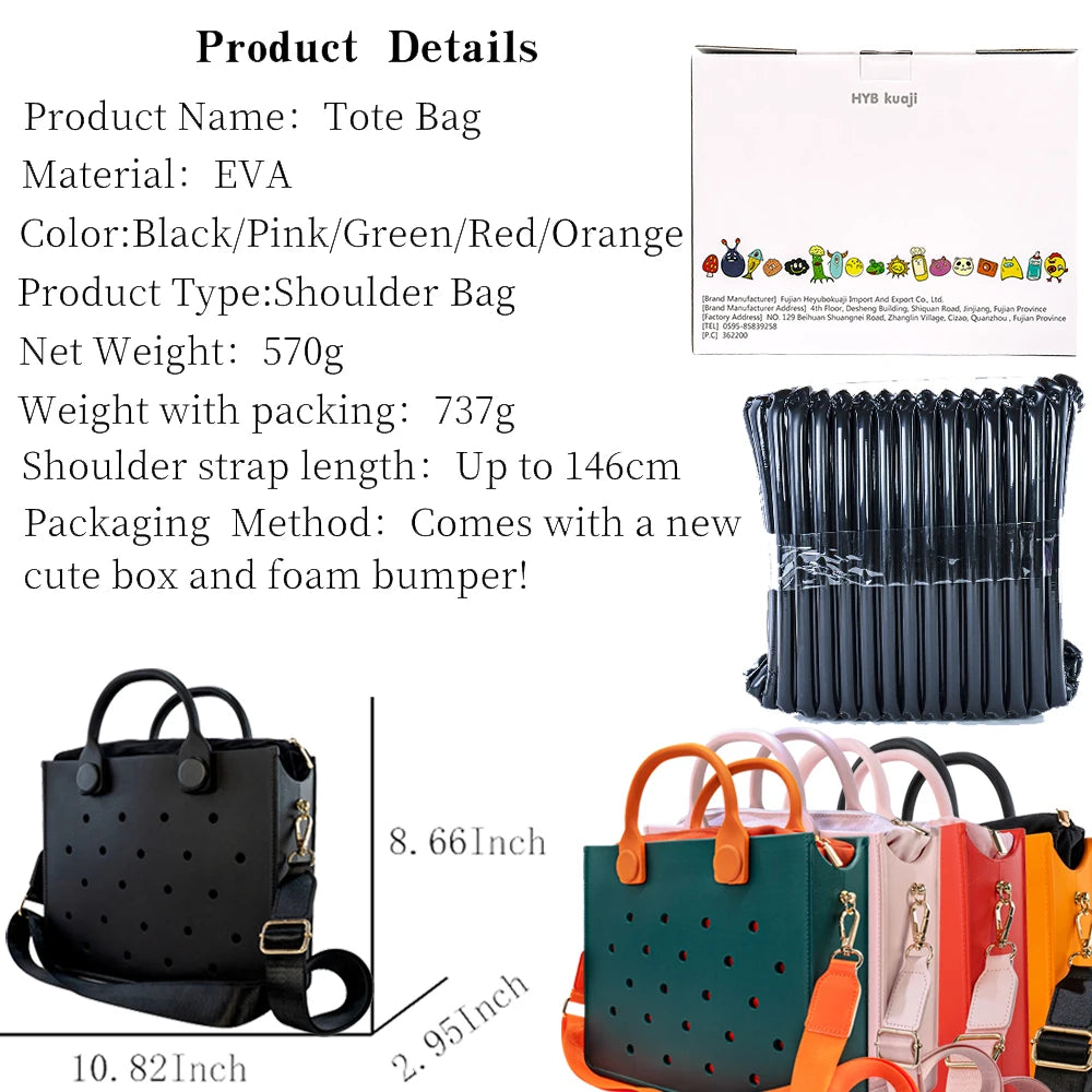 New EVA Leather Large Tote Bag for Women Fashion Solid Color Zipper Female Shoulder Bag Ladies Beach Bag Waterproof Fit Charms