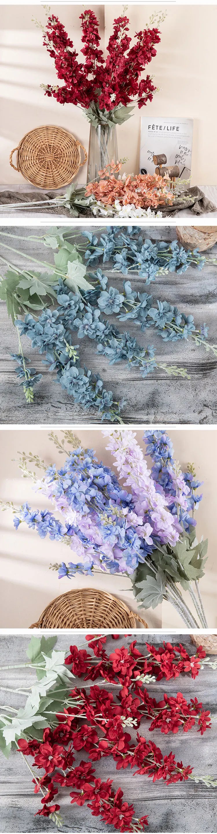 Yannew 3pcs 85cm Delphinium Artificial Flowers Long Stem Silk Hyacinth Wedding Flower Arrangements Decoration Home Room Decor