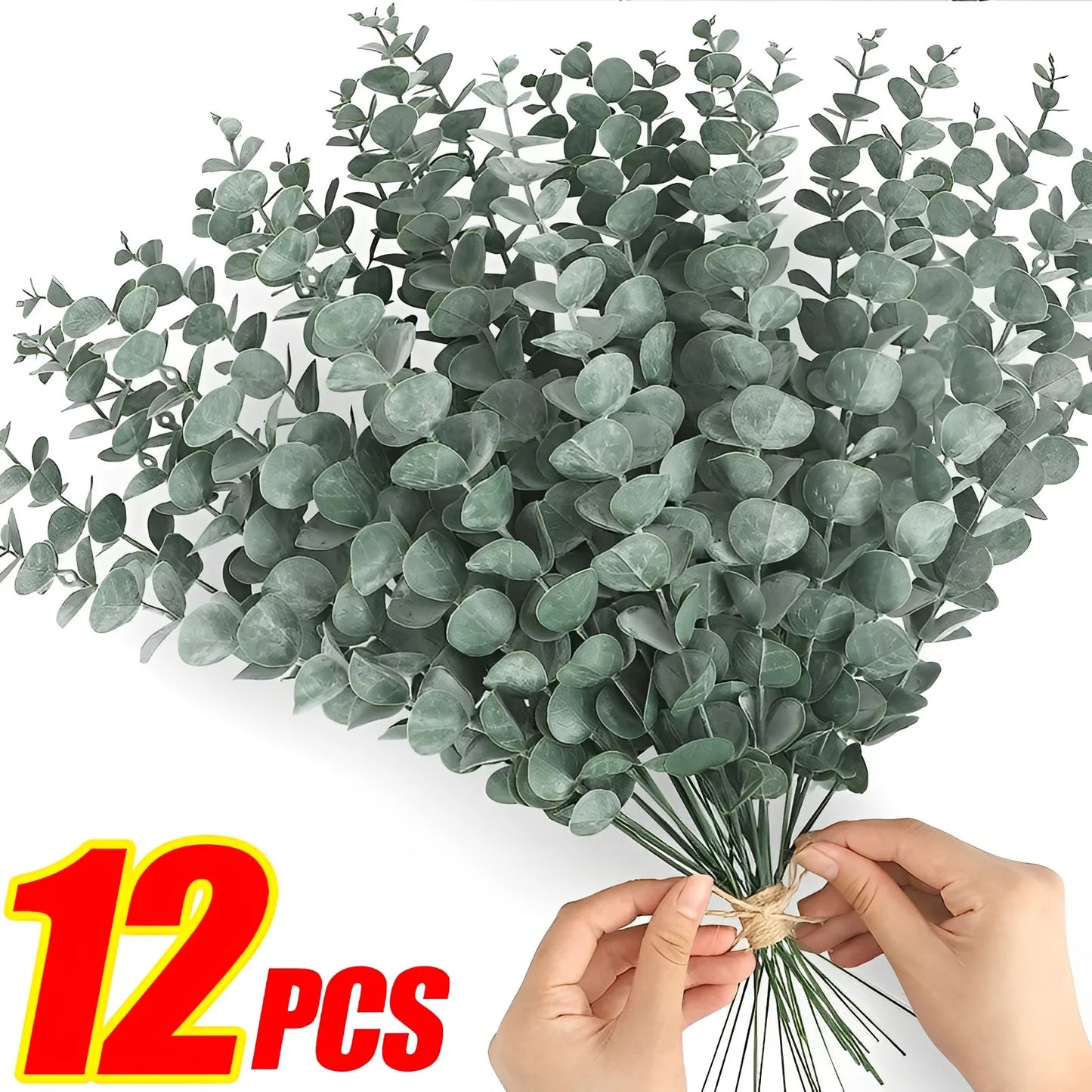 12/10PCS  Eucalyptus Leaves Bunch Branch Artificial Plastic Plants Leaves Green Stems Wedding Faux Fake Flowers Cake DIY Decor