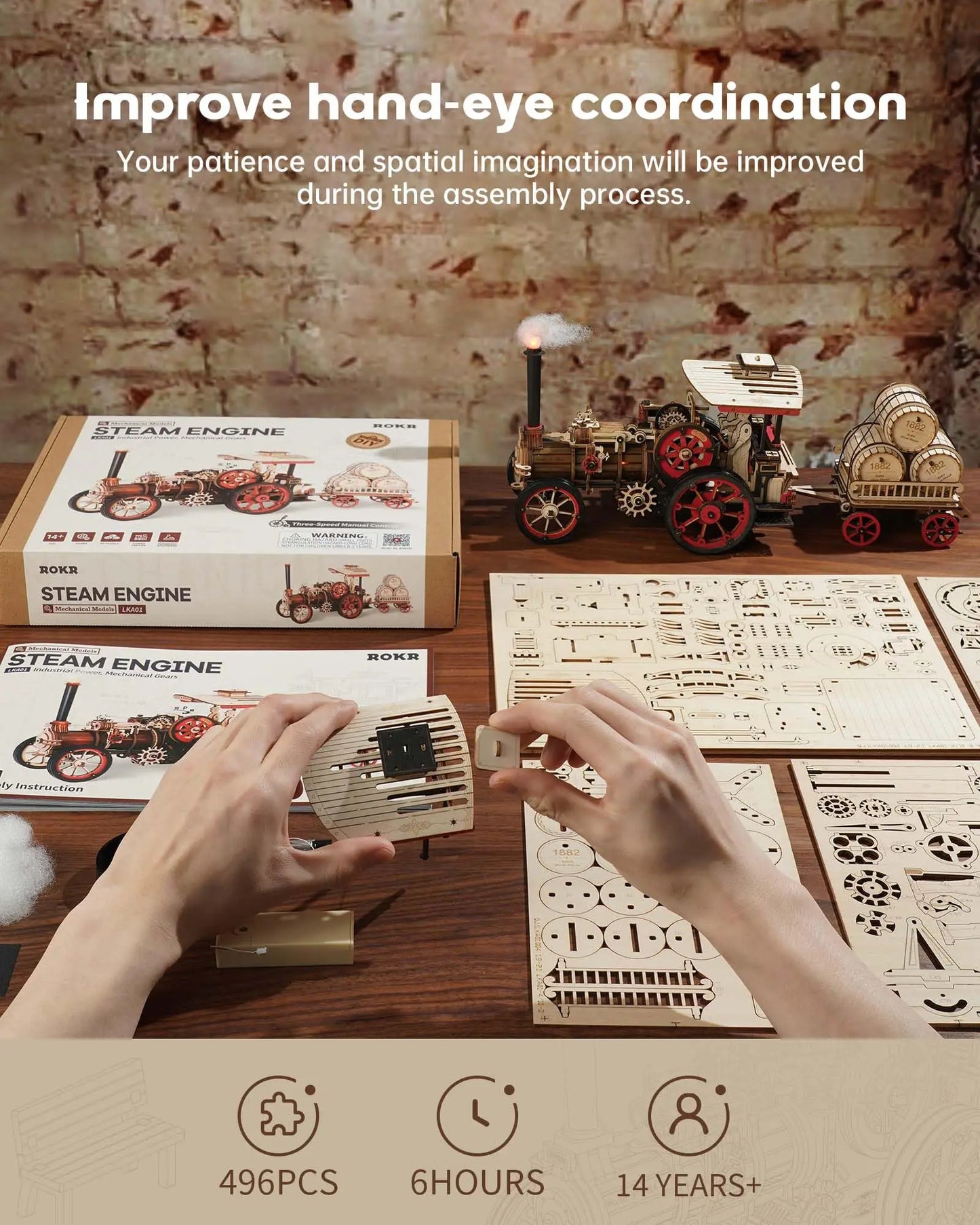 Robotime Rokr Car Model Building Kit 3D Wooden Puzzle Steam Kit 1:28  Mechanical Steam Locomotive Awesome Gifts for Adults Teens