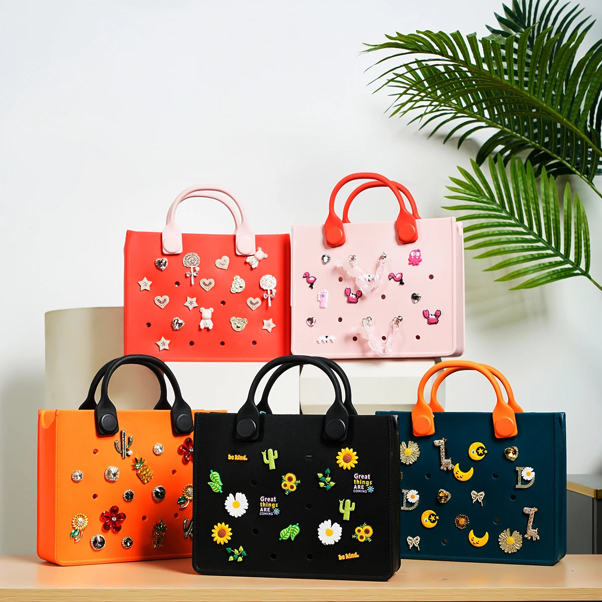 New EVA Leather Large Tote Bag for Women Fashion Solid Color Zipper Female Shoulder Bag Ladies Beach Bag Waterproof Fit Charms