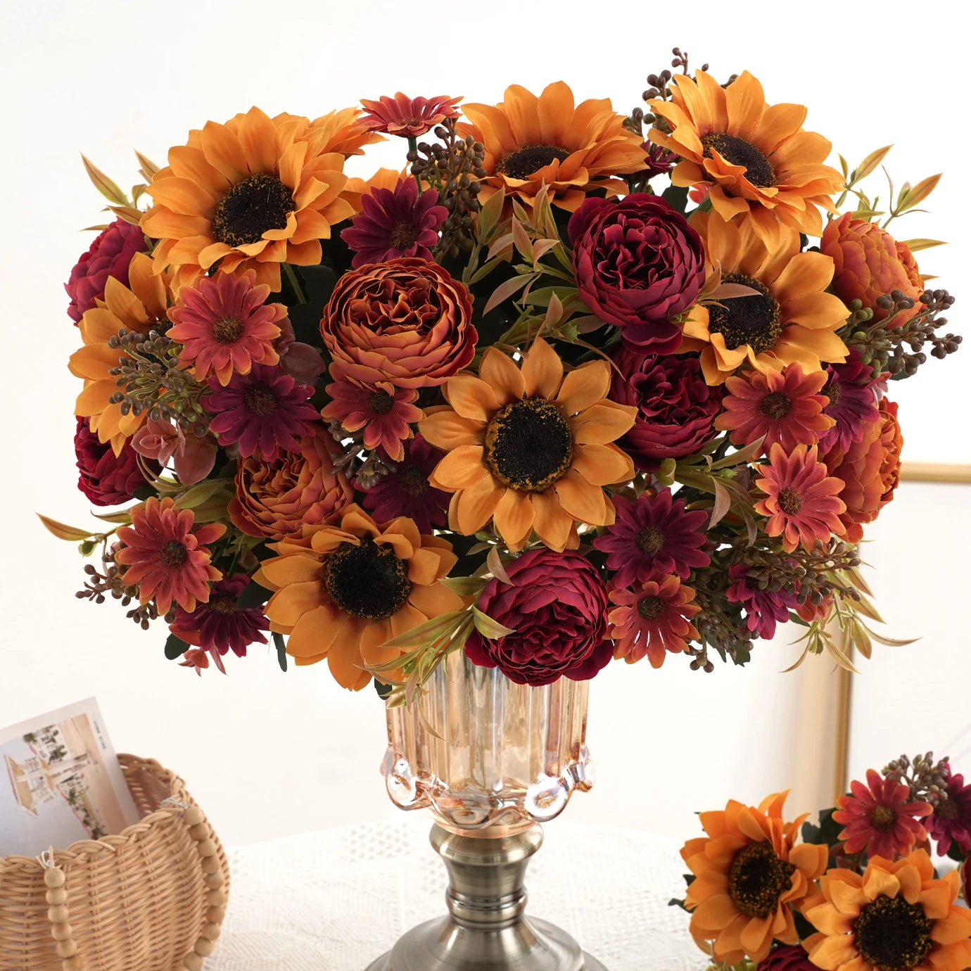 1/4pcs Sunflowers peony Artificial Flowers  Fall Summer Decor, Fake Fall Flowers Silk Faux Sunflower Bouquet Arrangement for Vas