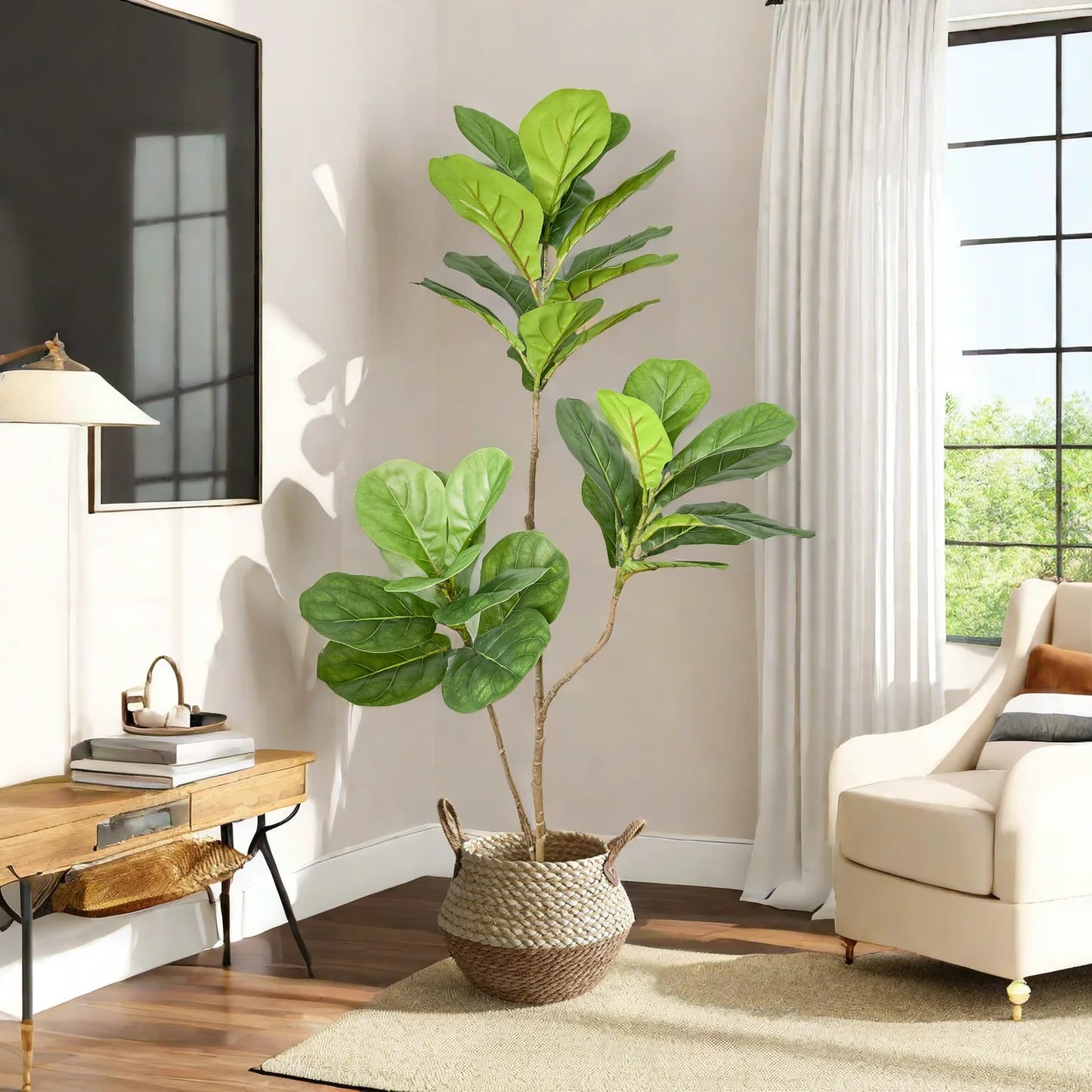 70/135cm Artificial Ficus Tree Branches Large Banyan Leaves Fake Rubber Plant Plastic Tall Plant Landscape For Home Garden Decor