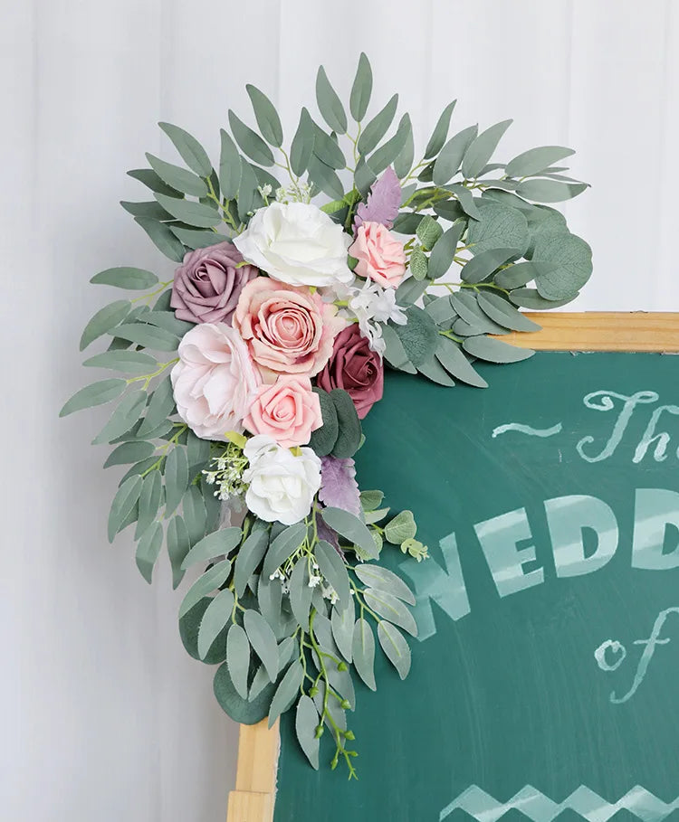 Yannew Artificial Wedding Arch Flowers Kit Boho Dusty Rose Blue Eucalyptus Garland Drapes for Wedding Decorations Welcome Sign