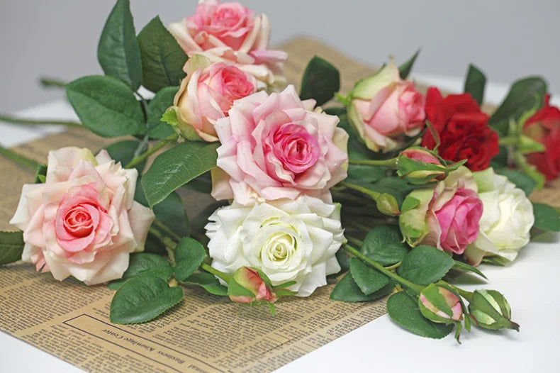 3 Heads High Quality Rose Fake Flowers Artificial Hand Feel Mosturizing Flowers Plants Home Living Room Office Party Decoration