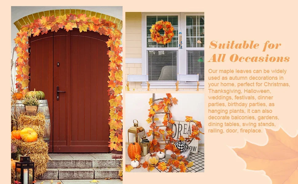 200cm Artificial Fall Maple Leaf Garland Autumn Leaves Fake Plant Garland for Festival Wedding Halloween Thanksgiving Room Decor