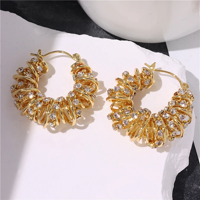 HUANQI Fashion Multi-layer Twist Rhinestone Metal Ear Buckle for Women Gold Color Personality Charm Earring Jewelry