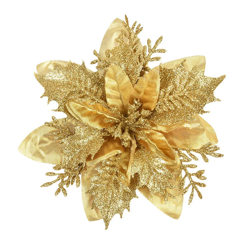 5/10Pcs 14cm Glitter Artificial Christmas Flowers Xmas Tree Ornaments Merry Christmas Decorations for Home New Year Gift Navidad