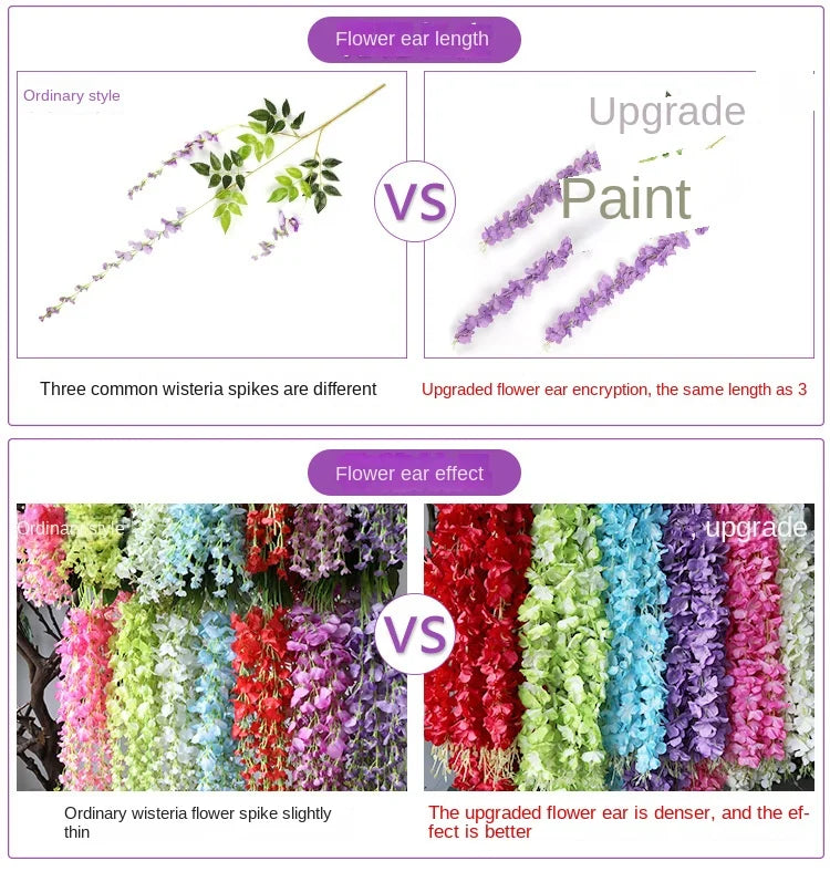12pcs Wisteria Artificial Flowers Vine Wreath Wedding Arch Decoration Leaf Rattan Trailing Silk Flower Ivy Wall Decor Plants