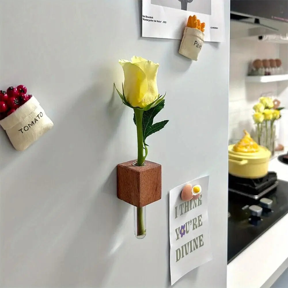 Wooden Test Tube Vase DIY Flower Arrangement Magnetic Simulation Flower Vase Refrigerator Sticker Home Kitchen Decoration
