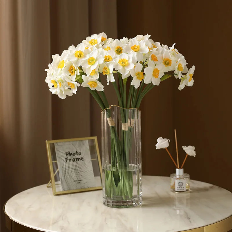6Pcs/bunch White Artificial Narcissus Flower Bouquet Home Garden Desktop Decoration Floral Party Wedding Bridal Fake Flowers