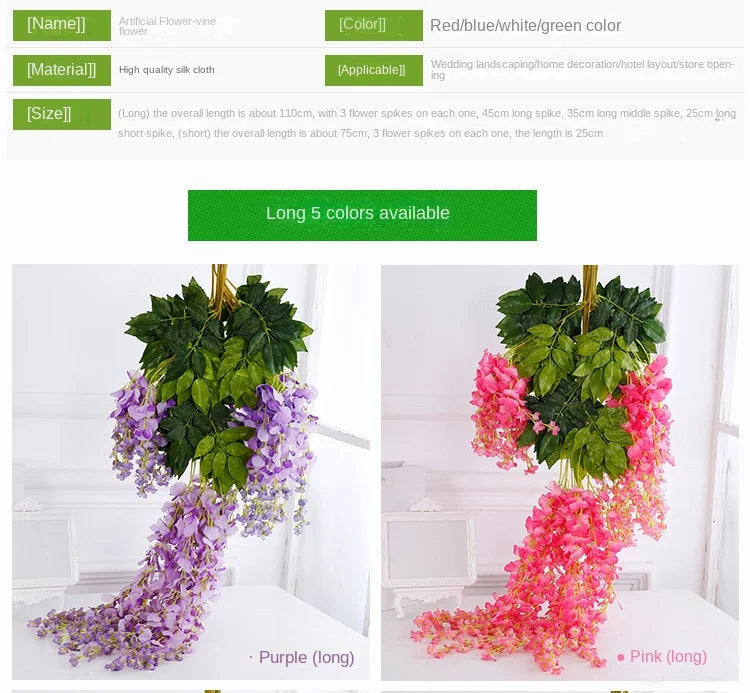 12pcs Wisteria Artificial Flowers Vine Wreath Wedding Arch Decoration Leaf Rattan Trailing Silk Flower Ivy Wall Decor Plants