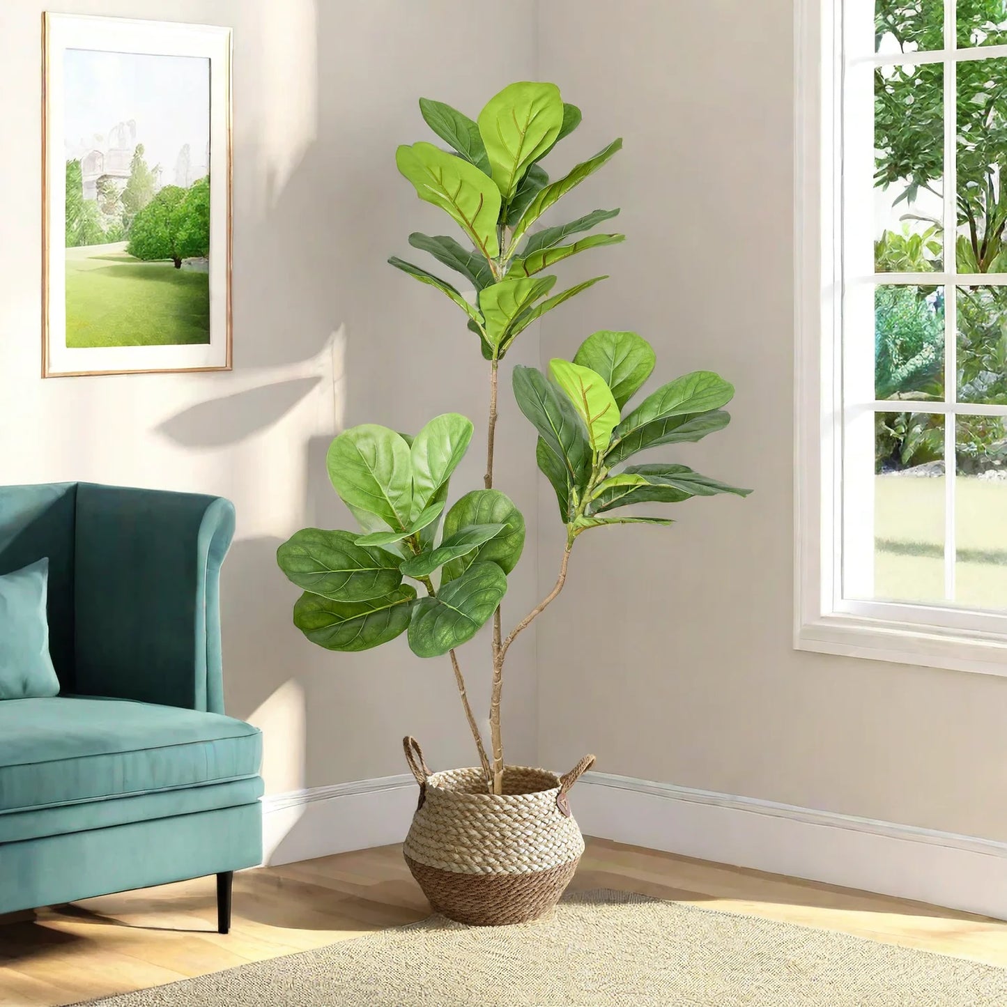 70/135cm Artificial Ficus Tree Branches Large Banyan Leaves Fake Rubber Plant Plastic Tall Plant Landscape For Home Garden Decor