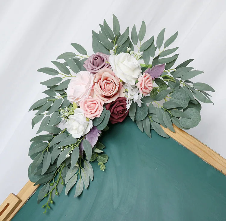 Yannew Artificial Wedding Arch Flowers Kit Boho Dusty Rose Blue Eucalyptus Garland Drapes for Wedding Decorations Welcome Sign