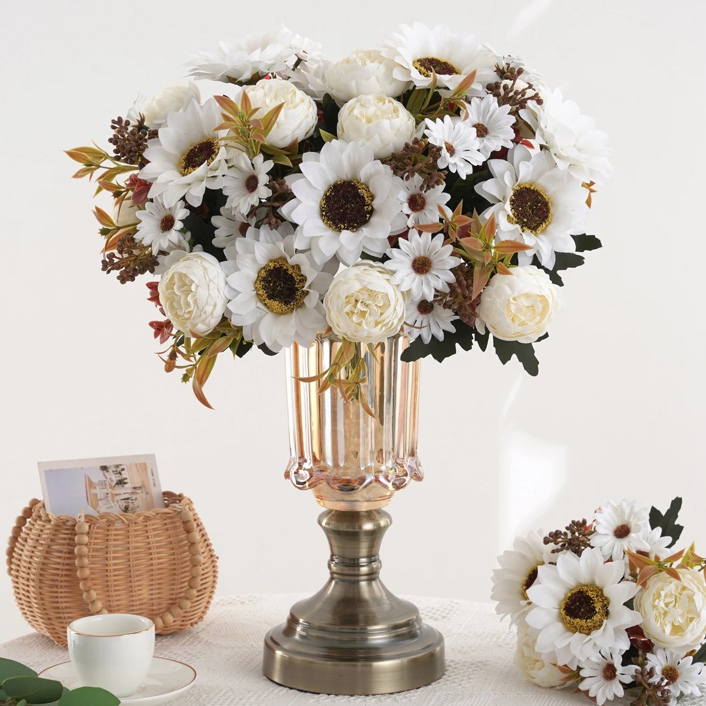 1/4pcs Sunflowers peony Artificial Flowers  Fall Summer Decor, Fake Fall Flowers Silk Faux Sunflower Bouquet Arrangement for Vas